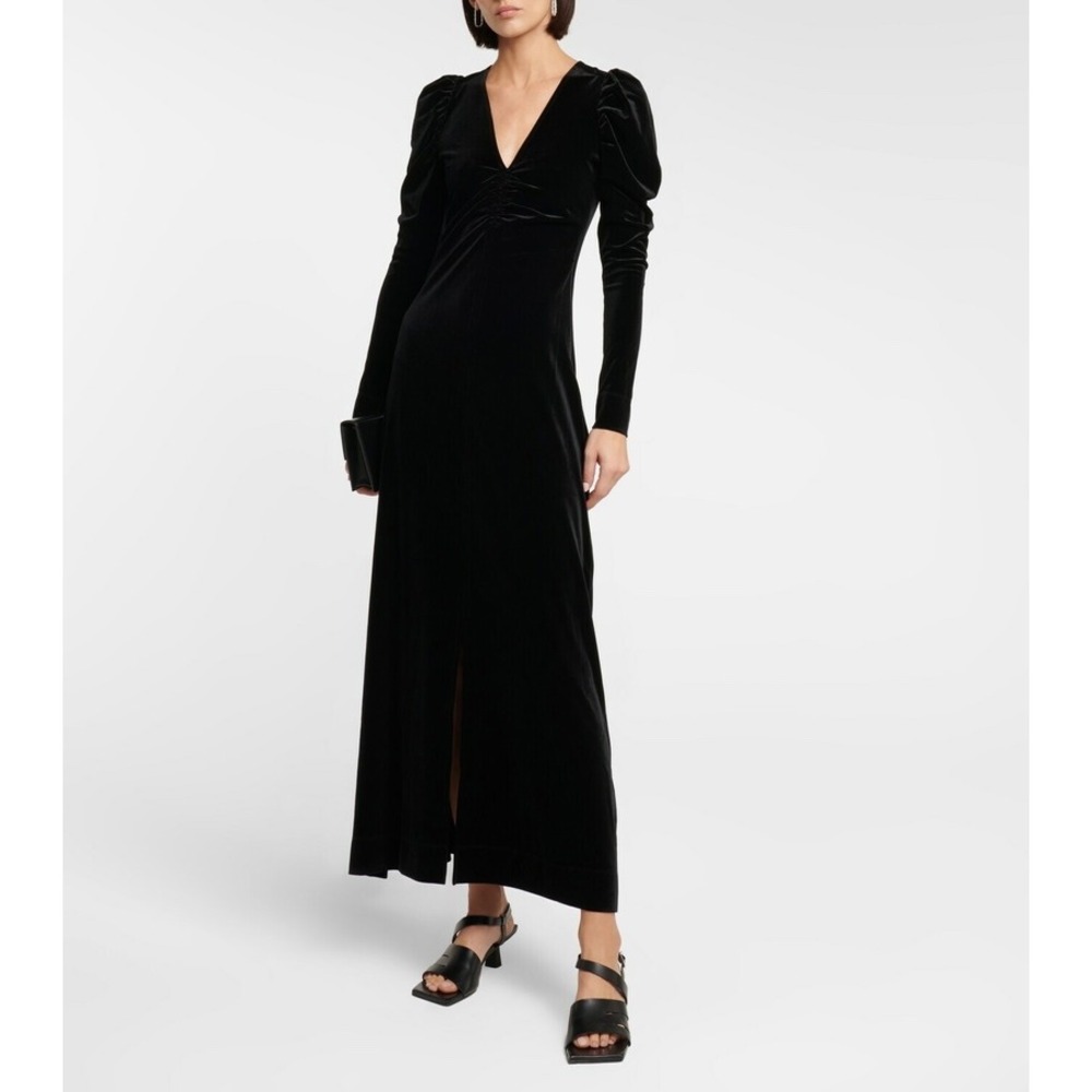 NWT‎ Ganni Puff Sleeve Velvet Maxi Dress Black Size 42 Large